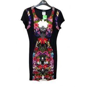 NEW BALI CORP. women's floral print panel sheath dress in black with florals